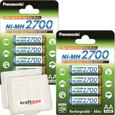 Afbeelding van Panasonic 2700 Ni MH batterijen met hoge capaciteit, BK 3HGAE 8 Mignon AA in de batterijbox, verpakking van stuks.