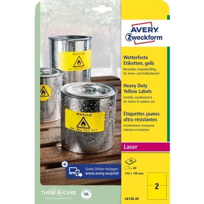 Afbeelding van Avery Zweckform L6130 20 folie etiketten 210 x 148 mm Polyester Geel 40 stuk(s) Permanent hechtend Laser (kleur), (zwart/wit), Kopiëren