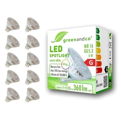 Afbeelding van 10x greenandco® CRI90+ 3000K 110 LED spot vervangt 25W GU5.3 MR16, 6W 360lm warm wit 12V AC/DC, flikkervrij, niet dimbaar