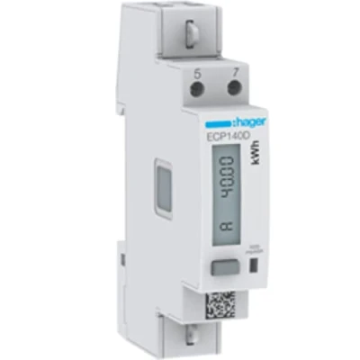Afbeelding van Hager kwh meter 1 fase directe meting 40a 92 276v 160 480v klasse b pulsuitgang mid afname levering enkeltarief ecp140d