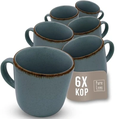 Afbeelding van Koffiekopjes 6 delig Rustiek Hoogwaardige Steengoed Kopjes, Vaatwasserbestendig Eigentijds Thee en Koffiebekerset Koffieservies Pure Living in rokerig blauw