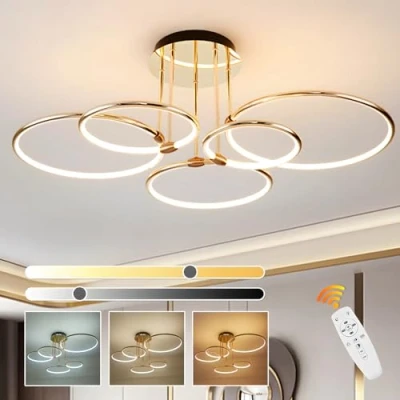 Afbeelding van 5 Ronde Ringen Gouden Led Plafondlamp, Ø93cm 108W Kroonluchter Met Traploos Dimbaar, Creatieve Metalen Gegalvaniseerde Hanglamp, Moderne Lamp Voor Slaapkamer Woonkamer Kinderen Kantoor Studeerkamer
