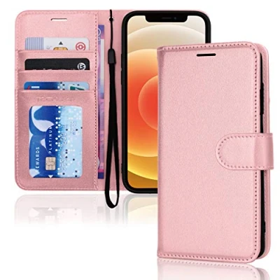 Afbeelding van TECHGEAR iPhone 12 / Pro lederen portemonneehoesje, flip beschermhoes met portemonnee kaarthouder, standaard en polsband roze PU leer magnetische sluiting voor 12/12 6,1