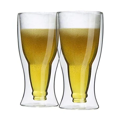 Afbeelding van Set van 2 dubbelwandige thermobierglazen (2 glazen!) borosilicaatglas, inhoud 350 ml, omgekeerde bierfles, thermoglas, extra groot