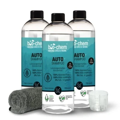 Afbeelding van bio chem Biologisch afbreekbare autoshampoo, 3 x 750 ml, incl. pluizige doek, pH neutraal concentraat, krachtig tegen vuil, zacht voor de lak, tast wasverzegeling niet aan, Made in Germany