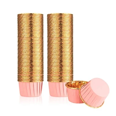 Afbeelding van 100 stuks Muffinvormpjes Papier, Cupcake Vormen Folie Metallic Muffin Wrappers, Bakblik Muffins Papieren Vormpjes voor Cupcakes, Verjaardag, Bruiloft, Kerstfeest Roze