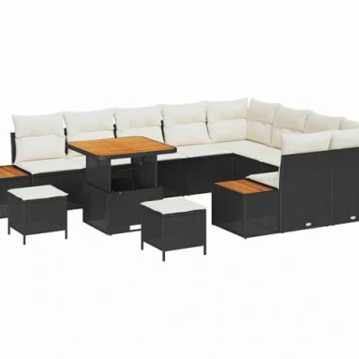 Afbeelding van vidaXL 12 delige tuinzetelset met kussens in zwart poly rattan en acacia