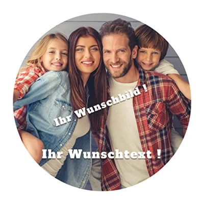 Afbeelding van J&amp;M DECO Eetbare fondant taartonderlegger, taartfoto, met gewenste foto en tekst zelf vormgeven teksttaartdecoratie gebruiksklaar zonder snijden PREMIUM kwaliteit (ROND, 20cm diameter)