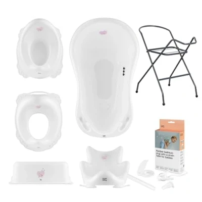 Afbeelding van Hylat Baby Set 7: Babybadje met standaard, babybad inzet, afvoerslang, kinder toiletzitting, potje voor kinderen, opstapje stabiel en comfortabel Kleur: Wit, Motief: Hug Me