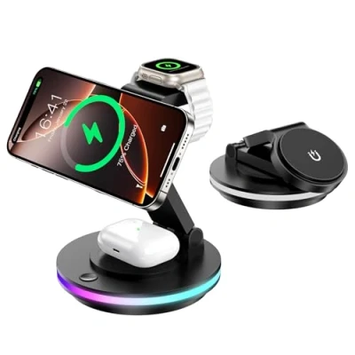 Afbeelding van Mag Safe oplader, 3 in 1 laadstation voor Apple Watch en iPhone, opvouwbaar, draaibaar met lichtinstelling, draadloze Safe, oplaadstandaard iPhone 15/14/13, AirPods (zonder adapter),