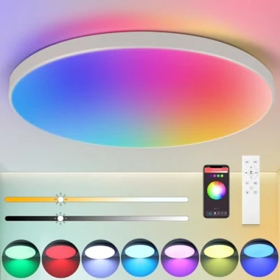 Afbeelding van CANMEIJIA plafondlamp, led dimbaar, 24 W, plafondverlichting met afstandsbediening, IP44, 3000 6500 K, RGB, kleurrijk, voor slaapkamer, woonkamer, badkamer, wit, diameter 32 cm