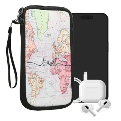 Afbeelding van kwmobile insteekhoesje voor smartphones XL 6,7/6,8&quot; hoes van Neopreen Travel Wereldkaart zwart/meerkleurig binnenmaat 17,2 x 8,4 cm