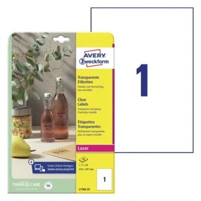 Afbeelding van Etiket Avery Zweckform L7784 25 210x297mm transparant 25stuks