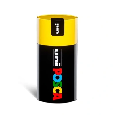 Afbeelding van Posca UniPosca complete set met 18 gesorteerde acrylstiften, middelste punt 2,5 mm, kleuren voor kinderen en kunstenaars Uni geldig als stofkleuren, hout andere, in geschenkdoos geel
