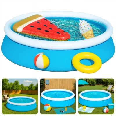 Afbeelding van Cheqo® Kinderzwembad Opblaasbare Rand Stevig PVC Bovengronds Zwembad Opblaasbad Snel Opzetten Zonder Gereedschap Inclusief Reparatiesticker