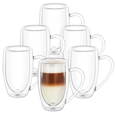 Afbeelding van Wilmax Dubbelwandige thermoglazen met handvat, set van 6, 300 ml, koffieglazen, latte macchiato glazen, cappuccinoglazen, theeglazen, drinkglazen, thermokopjes