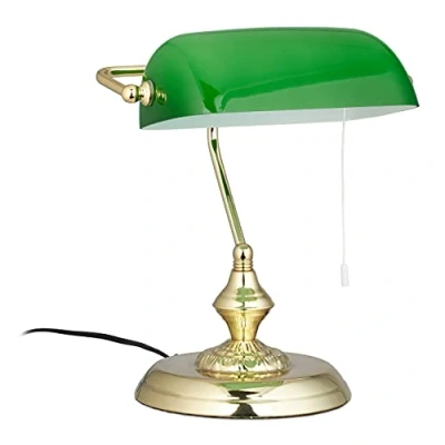 Afbeelding van Relaxdays notarislamp, trekschakelaar, groene lampenkap, HBD 31 x 22,5 18,5 cm, vintage bureaulamp, tafellamp, messing