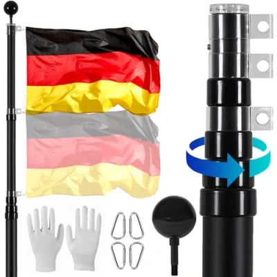 Afbeelding van VEVOR Telescopische vlaggenmastset, robuuste vlaggenmastset van aluminiumlegering in de bodem voor buiten, 3 weergavemodi, vlaggenmast met professionele accessoires, Duitse vlag, zwart