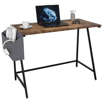 Afbeelding van Vida Designs Brooklyn 112 cm klein computerbureau met opslag thuiskantoor schrijftafel moderne industriële stijl werkstation (donker hout)