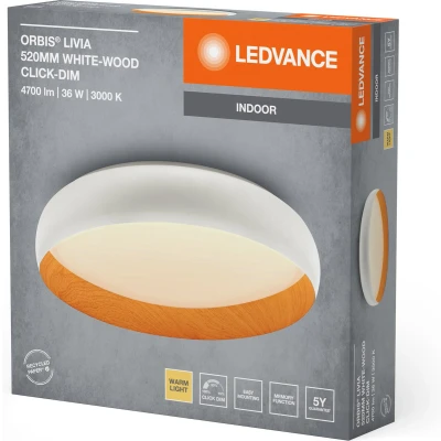 Afbeelding van LEDVANCE ORBIS Livia LED Deckenleuchte mit Metallring, weiß/Holzdekor, 36W, 2000lm, 3000K, 520mm, 830 freundliches Warmweiß, durch Klicken in 3 Stufen dimmbar, IP20, Schrauben/Dübel inklusive