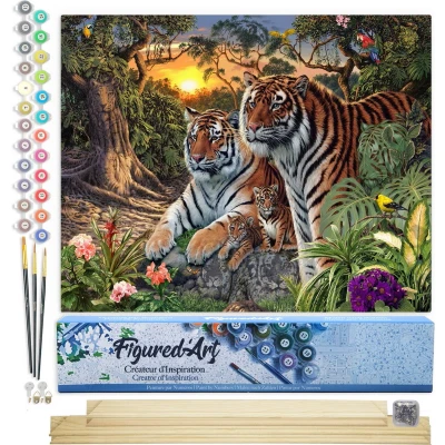 Afbeelding van Figured&#039;Art Schilderen op Nummer Volwassenen canvas Tijgerfamilie Handwerk acrylverf Kit DIY Compleet 40x50cm met houten lijst
