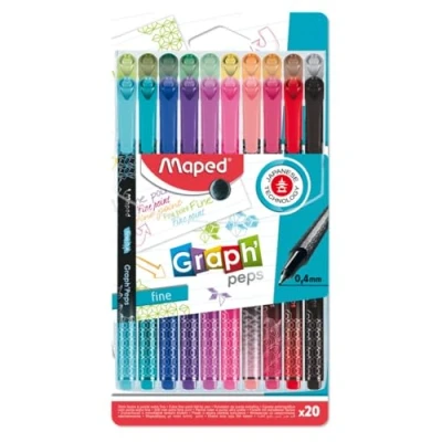 Afbeelding van Maped 20 viltstiften Graph&#039;Peps fijne punt 0,4 mm robuuste comfortabel schrijven en tekenen in heldere kleuren.