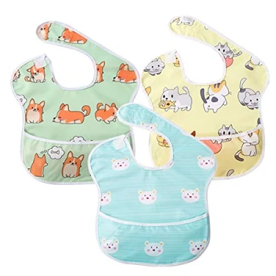 Afbeelding van slabbetjes baby kleine kinderen waterdicht korte mouwen voering slabbetje schort met ingebouwde tas voor baby&#039;s/peuters Kat &amp; hond beer