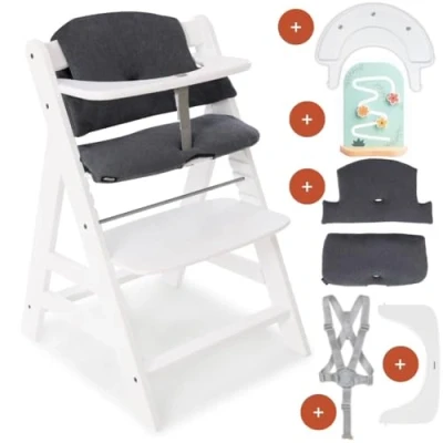 Afbeelding van Hauck Alpha Plus kinderstoel incl. Play Tray Basis, speelopzetstuk Planting Flowers &amp; zitkussen meegroeiende babystoel van hout, vanaf 6 maanden, verstelbaar wit