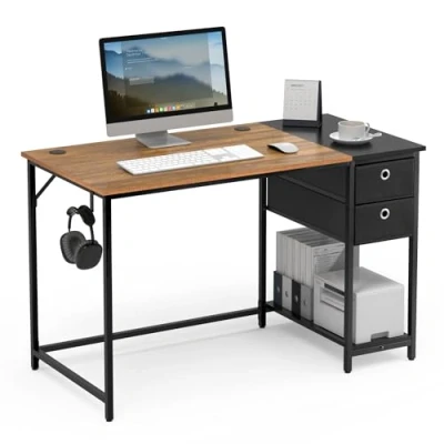 Afbeelding van Mondeer Computerbureau, bureau met 2 laden en opbergplank links of rechts, 120 x 60 76 cm, industriële stijl, thuiskantoor werkstation studie, rustiek bruin zwart