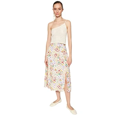 Afbeelding van Trendyol Camelkleurige Midi Geweven Rok Van Viscose Met Splitdetail En Bloemenpatroon Twoss20Et0230
