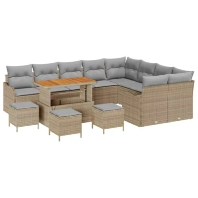 Afbeelding van vidaXL 13 delige tuinsofa set met kussens in beige poly rattan en acacia
