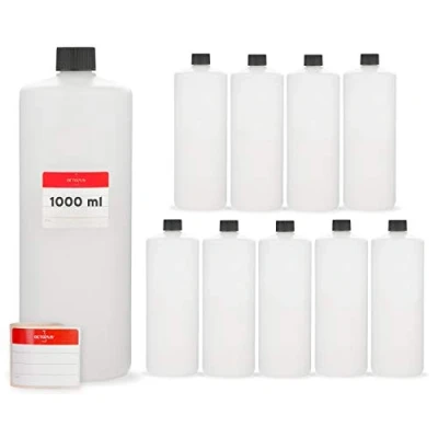 Afbeelding van 10 x 1000 ml kunststof flessen, 1 liter plastic flessen van HDPE kunststof, ronde met zwarte schroefsluitingen of deksels, lege schroefdraadmaat 25 mm, incl. beschrijfbare etiketten