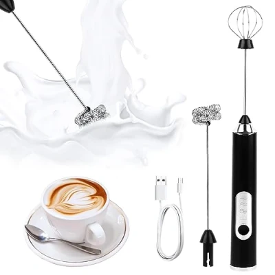 Afbeelding van Melkopschuimer, elektrisch, roestvrij staal, elektrische garde, USB oplaadbaar, geschikt voor koffie, cappuccino, warme chocolademelk (twee soorten mengkoppen)