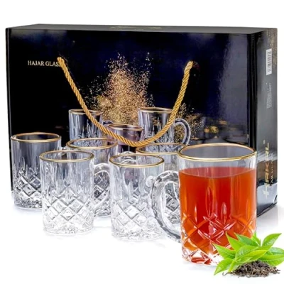 Afbeelding van INTIGNIS Elegante theeglazen, drinkglazen met handgrepen, 210 ml, glaswerk voor warme en koude dranken, doorzichtige kopjes koffie, espresso, glazen mokken groene thee, cappuccino, set van 6
