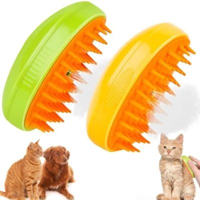 Afbeelding van Huisdier kattenborstel, hondenborstel, 2 stuks, 3 in 1 Steamy Cat Brush zelfreinigende trekborstel, verwijdert losse ondervacht, voor katten en honden, massage zelfreiniging (geel +