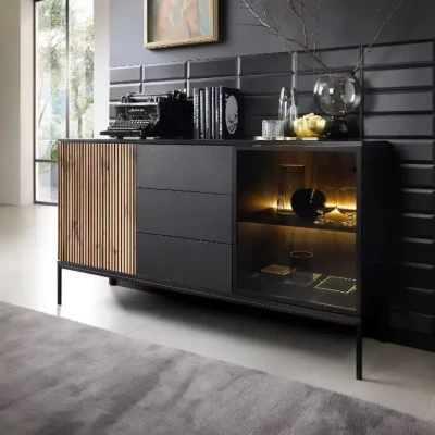 Afbeelding van Dressoirs kast modern Design met Latten patroon zwart 154cm