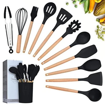 Afbeelding van Siliconen Kookgerei Keukengerei Set, 12 Stuks Natuurlijke Houten Handgrepen Koken Tool Bpa Gratis Niet Giftige Turner Tang Spatel Lepel Keuken Gadgets Gebruiksvoorwerp Set (Zwart)