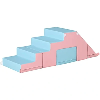 Afbeelding van HOMCOM bouwstenen set van 2 tafel en stoel glijbaan herconfigureerbaar design bouwspeelgoed schuimstof blokken voor 12 36 maanden kinderen kunstleer EPE roze + blauw 147/86 x 49 47 cm