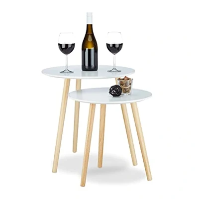 Afbeelding van Relaxdays bijzettafel set van 2, Scandinavisch design, 70&#039;s stijl, salon of nachttafeltjes, Ø 39 en 47,5 cm, in het wit