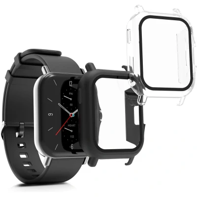 Afbeelding van kwmobile 2x cover geschikt voor Huami Amazfit GTS 2 Fitnesstracker van gehard glas en kunststof frame set zwart / transparant