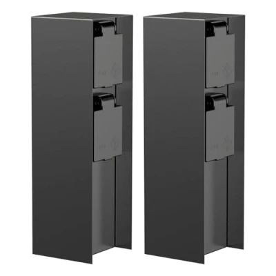 Afbeelding van ledscom.de 2 stuks tuincontactdooszuil POMI voor buiten, IP44, voudig, roestvrij staal, zwart, vierkant, 23 cm