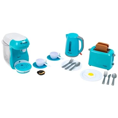 Afbeelding van Klein Toys Bosch ontbijtset broodrooster, koffieapparaat, waterkoker, accessoires incl. watervuloptie en geluidseffecten turquoise