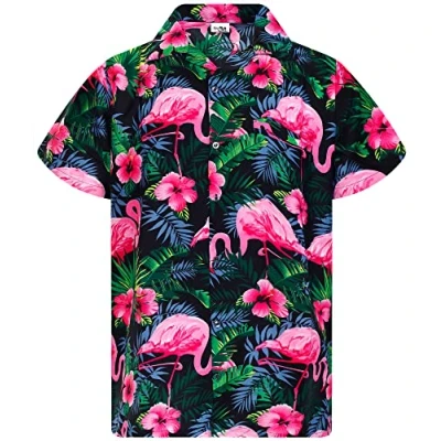 Afbeelding van King Kameha Funky Hawaïhemd voor heren, korte mouwen, voorzak, Hawaii print, vakantie, strand, party, bloemenprint, flamingo Flamingoflowers blackpink, L
