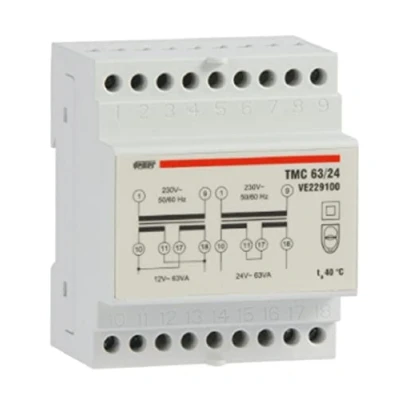 Afbeelding van VEMER VE229100 TMC 63/24 transformator, 24 V, voor continu gebruik, montage op DIN rail, vermogen 63 wit