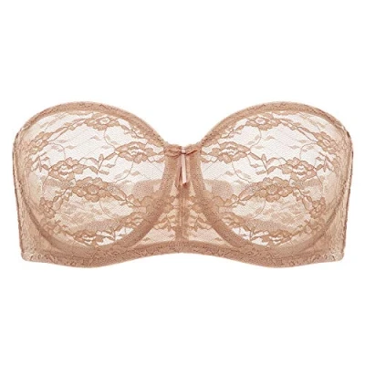 Afbeelding van Dobreva Dames Strapless Beha met Beugel Sheer Lace Dirndl Bandeau Beha&#039;s Transparante Bandjes natuurlijk 85C