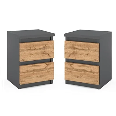 Afbeelding van MRBLS 2x Nachtkastje met 2 Laden Commode MDF Bijzettafels Dressoir Kleerkast Garderobe Modern Meubilair Lades voor de Slaapkamer van Woonkamer Gang (Grijs Mat Wotan) 32,5 x 30 43 cm (B/D/H)