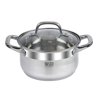 Afbeelding van RESTO Roestvrijstalen pan 18 cm, klein, kleine kookpot 2 l melkpan roestvrij stalen kookpan voor alle warmtebronnen, ook inductie, gecoate met hittebestendig glazen deksel, meetschaal