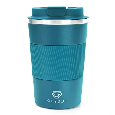 Afbeelding van CS COSDDI thermische reisbeker, geïsoleerde koffiebeker met lekvrij deksel, herbruikbare voor onderweg, in de auto, roestvrijstalen beker warme en koude dranken, koffie, water thee, 380 ml (blauw A)