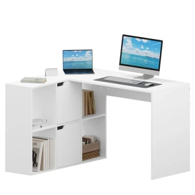 Afbeelding van eSituro Bureau, L vorm, wit, hoekbureau met planken, computertafel bureautafel, tafel boekenkast, 118 x 100 75 cm