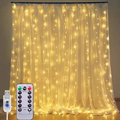 Afbeelding van LED lichtgordijn 3m x 300 Gordijn licht Fairy String Lights Waterdicht, 8 Modi Afstandsbediening met USB aansluiting voor binnen, tuin, feest, bruiloft, slaapkamer, decoratie (warm wit)